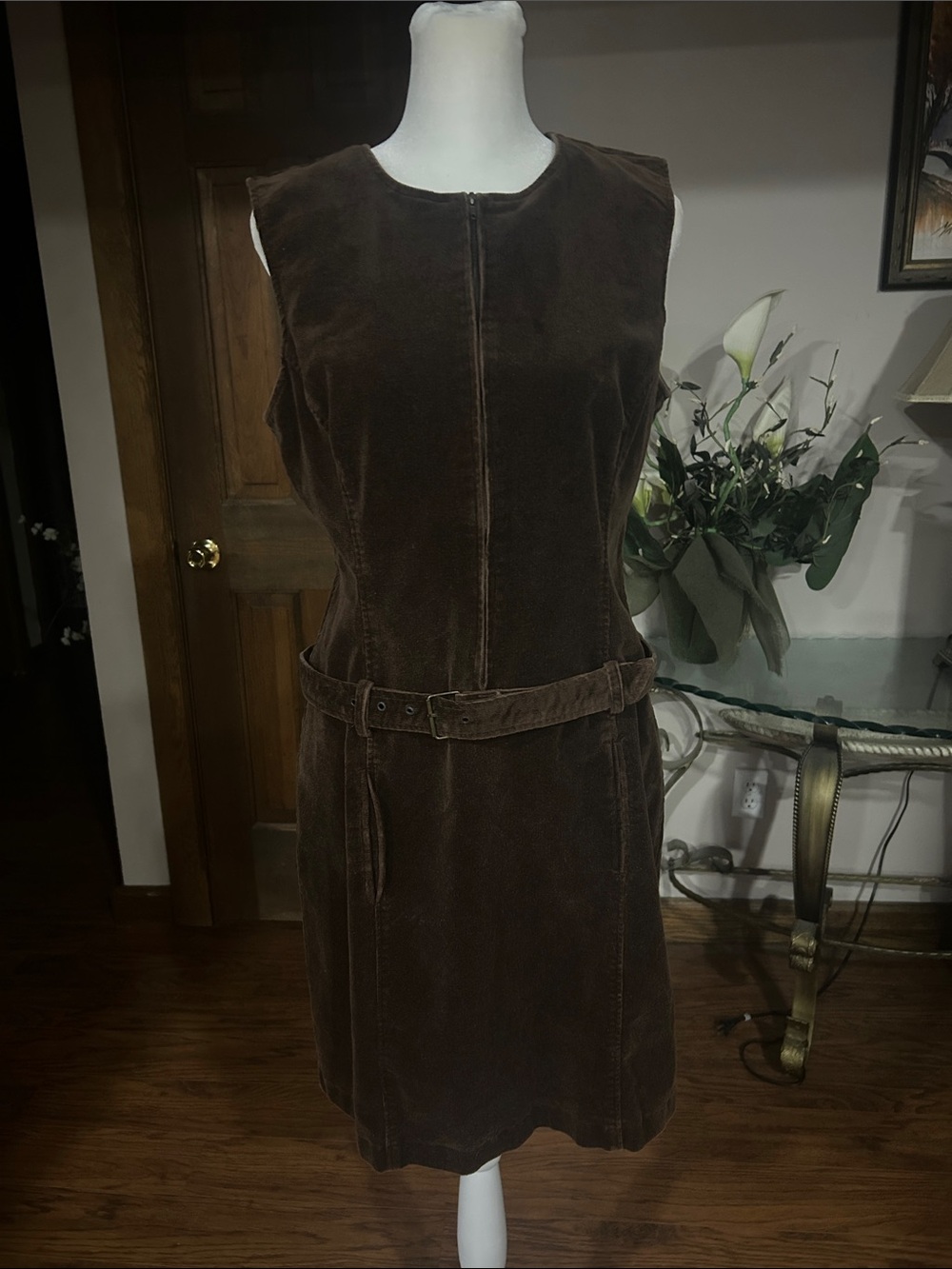 Moda International Chocolate Brown corduroy Belted Sleeveless Dress. Size 12
